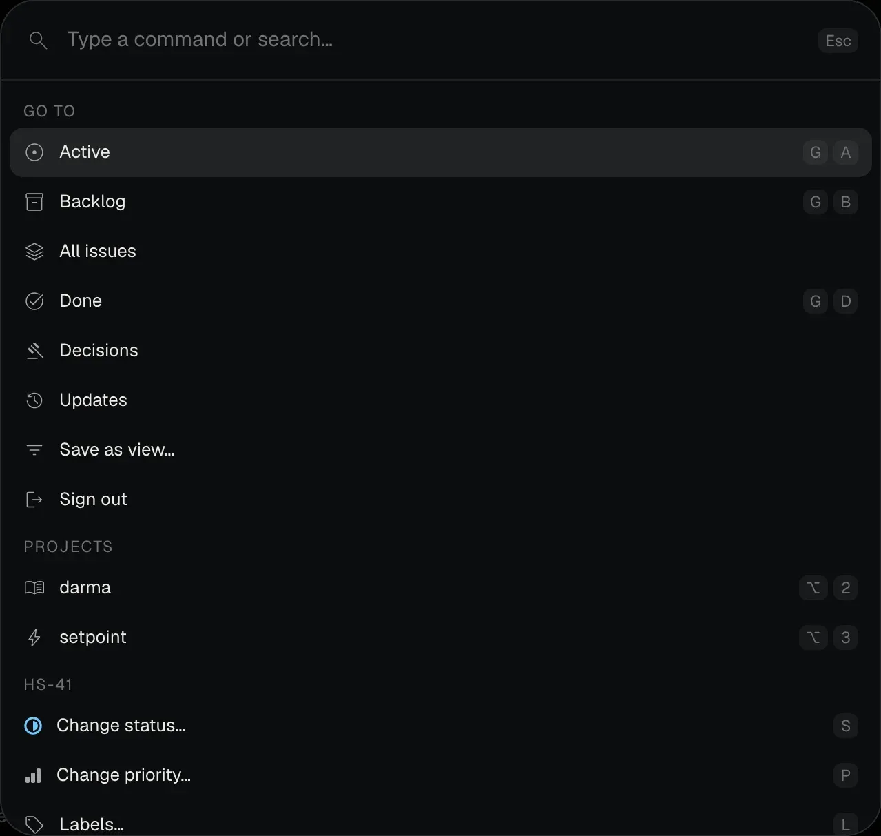darma's command palette, open over the Active view, listing views with their G-key shortcuts, projects with Option-number shortcuts, and actions for the selected issue such as Change status (S) and Change priority (P).