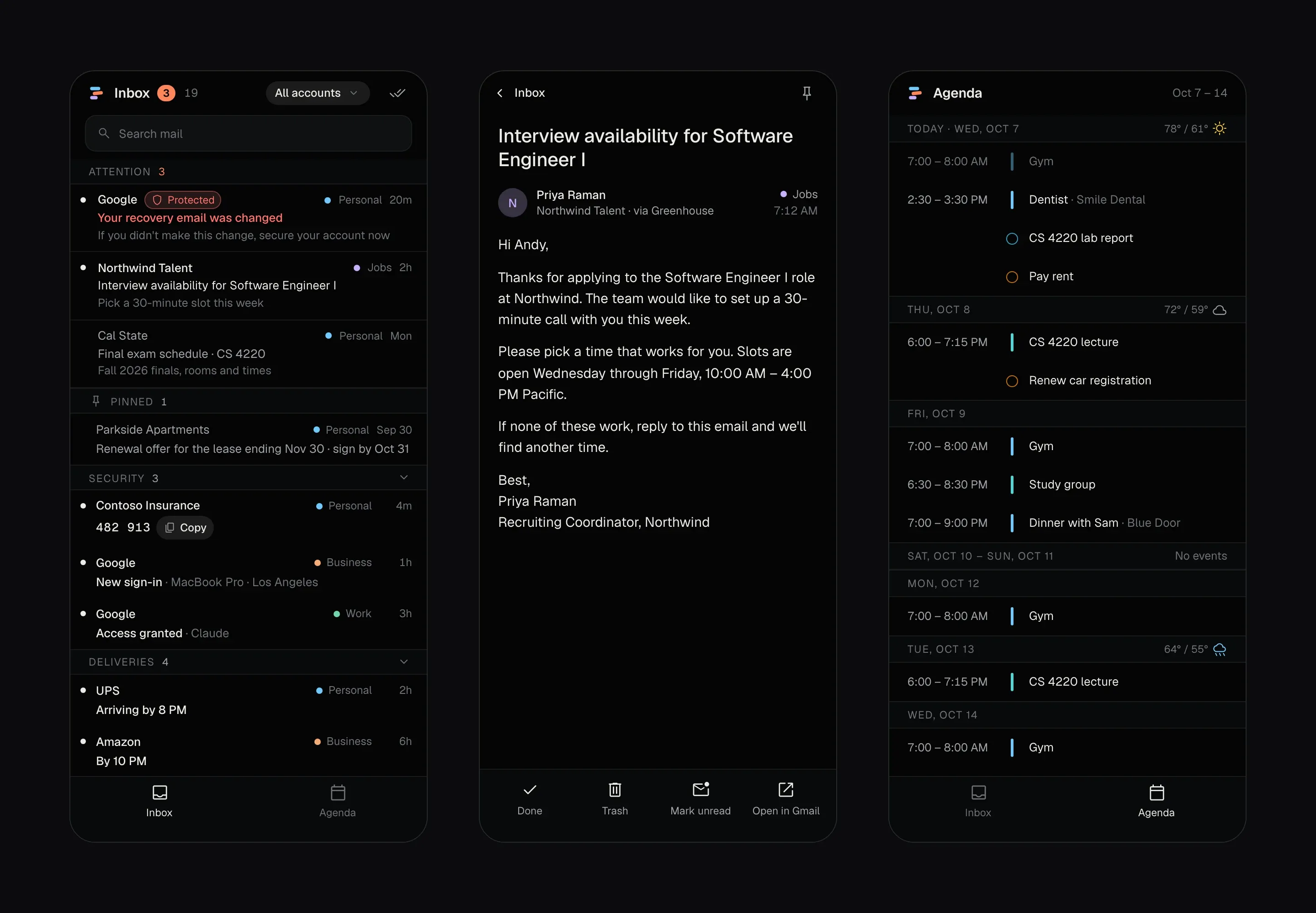 Setpoint on a phone with sample data, three screens side by side: the Inbox with Attention, Pinned and Security groups, the Northwind email open in the reader with Done, Trash, Mark unread and Open in Gmail along the bottom, and the agenda for the week with the weather on each day.