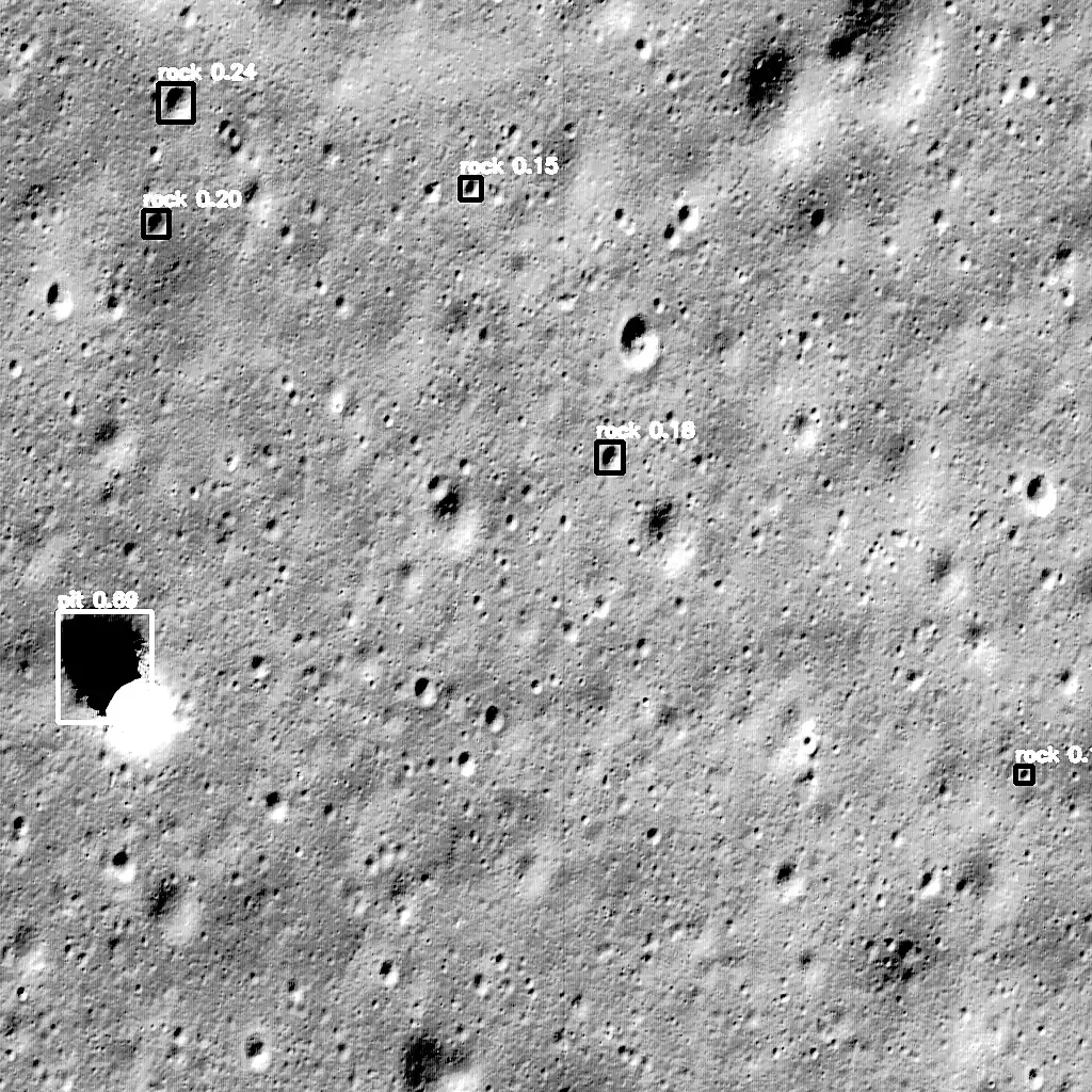 YOLO11x output on a bright, flat plain dotted with small craters: a dark pit boxed at 0.69 and a handful of rocks boxed at 0.15 to 0.24.